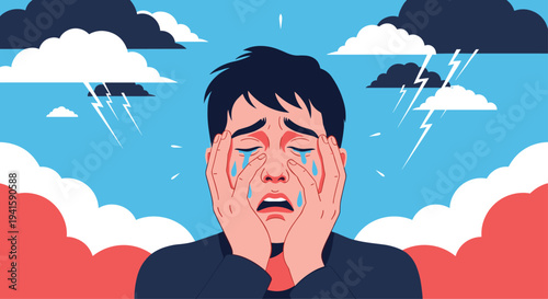 Distressed man covers his face while crying against a background of storm clouds and lightning representing sorrow.