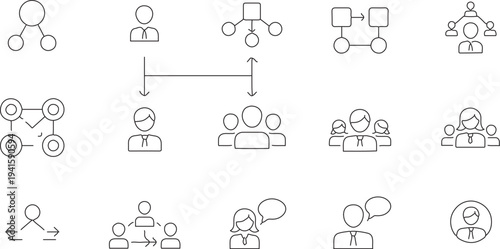 Set of 15 black outline vector icons depicting business organization, communication, and network structures for corporate presentations and web design isolated PNG with Transparent Background