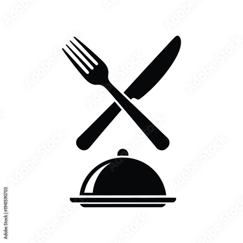 Crossed fork and knife vector icon above food cloche lid sign restaurant symbol black illustration