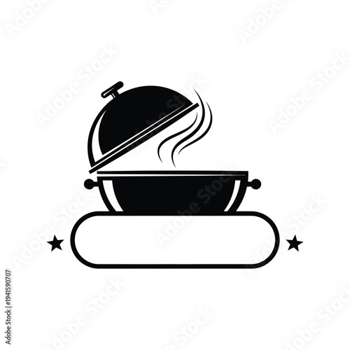Cooking pot vector with open lid and steam clouds isolated on white background catering illustration