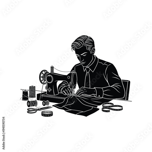 Man tailor sewing fabric with machine professional seamster vector illustration