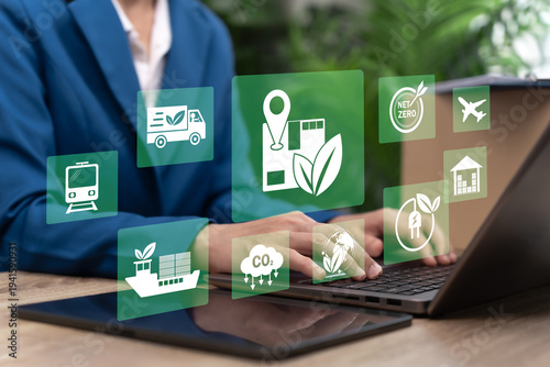 Green logistics concept, Businesswoman Promoting Green Logistics and Sustainable Transport with Clean Energy, Electric Delivery Systems, Net Zero Carbon Supply Chain for Environmental Protection