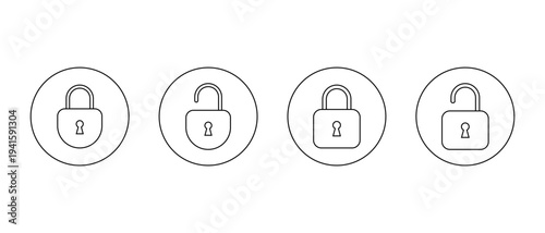 Lock and unlock padlock outline icon in circular outline. Security protection symbol. Privacy access sign