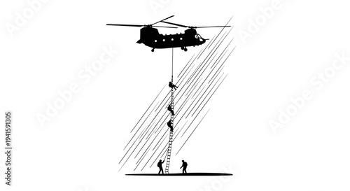 Helicopter Rappelling Soldiers Down Rope in Military Training Exercise