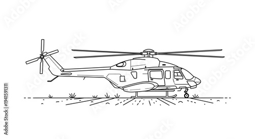 Helicopter Drawing Line Art Isolated on White Background, Aviation Vehicle Sketch