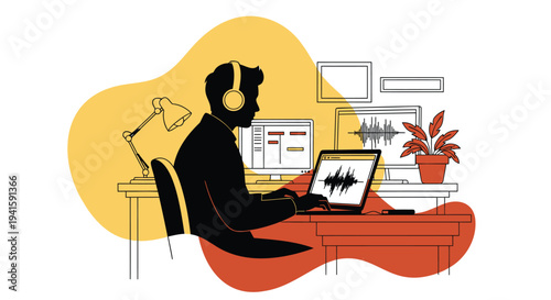 Vector illustration of a person working on a laptop at a desk