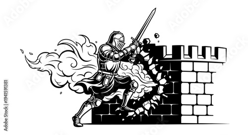 Knight in Armor Smashes Through Castle Wall with Sword, Epic Fantasy Battle Scene
