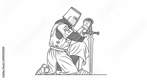 Knight Praying on Knee with Sword, Medieval Warrior Religious Devotion, Historical Costume