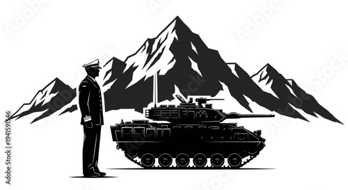 Military Officer Inspects Armored Tank in Mountainous Landscape Silhouette