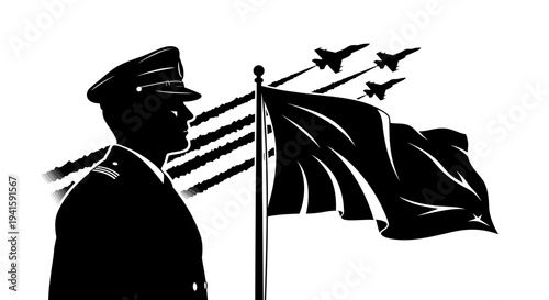 Military Officer Saluting Flag with Fighter Jets Flying Overhead