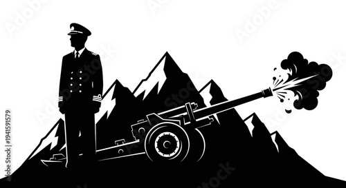Military Officer Standing Beside Firing Cannon on Mountain Peak