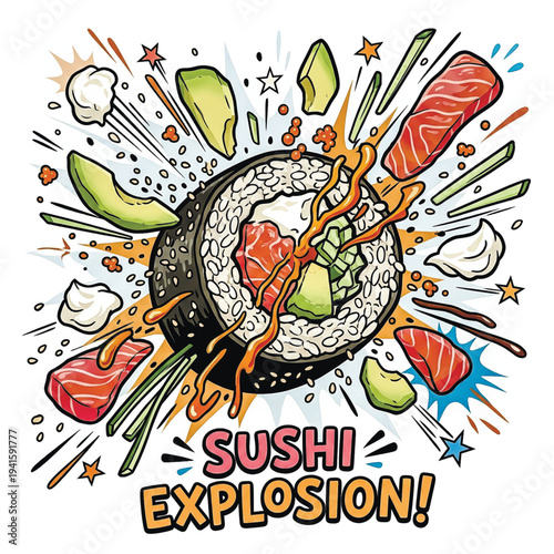 Fun cartoon art of a sushi roll bursting with fresh ingredients like salmon, avocado, and cream cheese. A pop art design for foodies.. Vector illustration