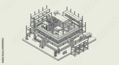 Isometric view of a complex industrial structure with scaffolding.