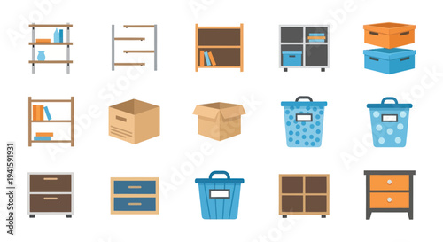 Flat design icon set of various storage furniture shelves drawers boxes and bins for home organization.