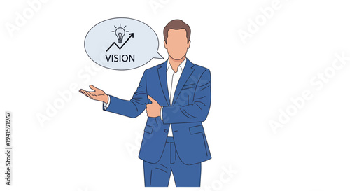 Professional man in blue suit presenting a vision concept with a thought bubble.