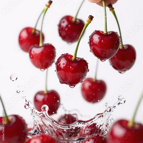 anime, fresh cherries suspended in a splash of water, capturing the essence of summer freshness