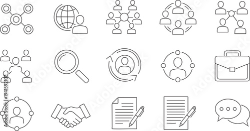 Set of 15 gray outline vector icons for business, network, communication, and human resources, featuring people connections, search, briefcase, handshake