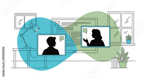 Vector illustration of remote workers in office setting with video call