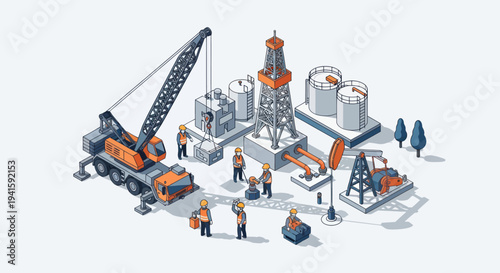 Oil Rig Construction Site with Workers and Equipment.