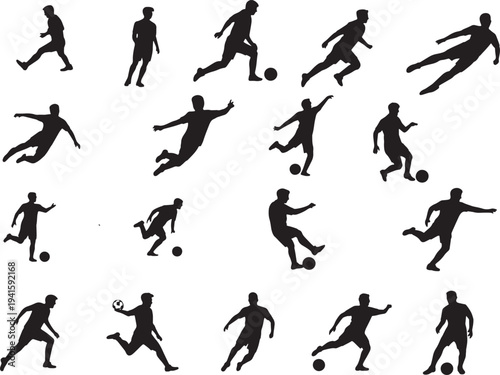 Active football players silhouettes dribbling and kicking ball during intense match competition