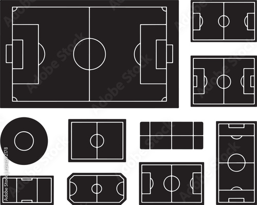 Black and white soccer pitch icons set for sports interface design and tactical mobile software