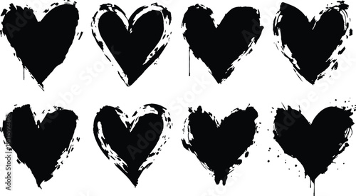 Grunge black heart shapes set, brush stroke love symbols collection, hand drawn ink hearts, abstract romantic design, vector illustration