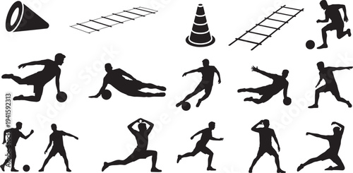 Football players training with ball, agility ladder, and cones on sports field
