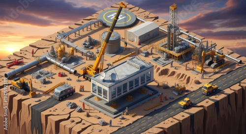 Oil Rig Construction Site with Industrial Equipment and Buildings.