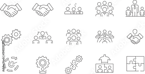 Set of 15 Outline Business Collaboration and Teamwork Vector Icons for Corporate Strategy, Partnership, and Management isolated PNG with Transparent Background