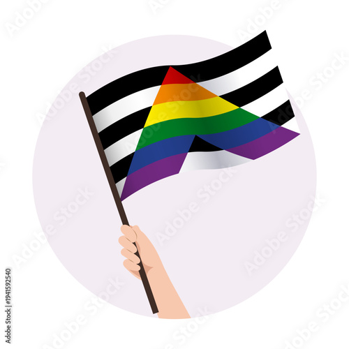 Straight Ally waving pride flag in raised hand. Support vector illustration