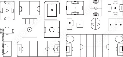 Soccer field layout diagrams collection showing football pitch dimensions and tactical markings