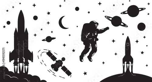 Rocket logo. Space satelite retro shuttle moon discovery logotypes of observatory vector black badges isolated. Shuttle and satellite, spaceship and rocket adventure illustration