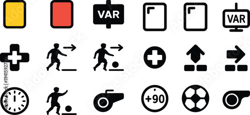 Soccer game and var rules icons. vector collection for football matches and referee decisions