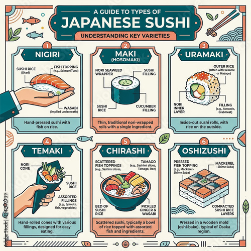  A detailed and beautifully illustrated guide to the main types of Japanese sushi, explaining the key differences between Nigiri, Maki, Uramaki, Temaki, Chirashi, and Oshizushi.. Vector illustration