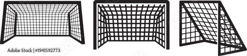 Soccer goal net silhouettes with various perspective views for football match graphic elements
