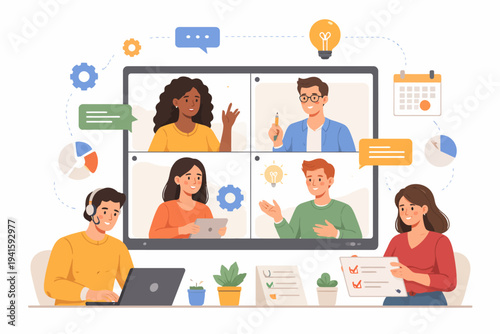 Diverse team video conference with multiracial professionals collaborating online