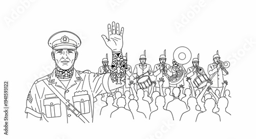 Military Band Leader Waving to Crowd with Marching Band Behind