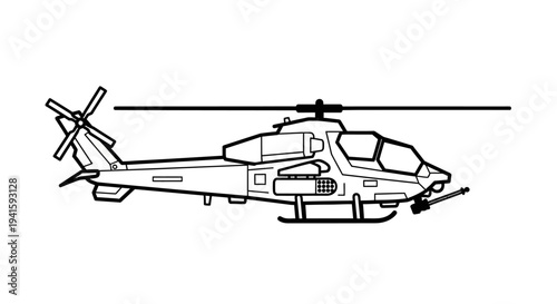 Military Attack Helicopter Line Art Illustration - Side View