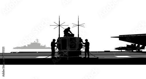 Military Aircraft Carrier Deck Crew Working on Radar Equipment with Fighter Jet and Ship