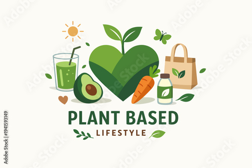 Plant-based lifestyle: heart-shaped leaf with avocado, green smoothie, carrot, and reusable bag