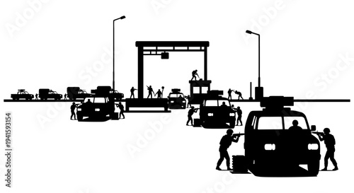 Military Checkpoint Security Forces, Armed Soldiers, Vehicles, Border Control, Surveillance
