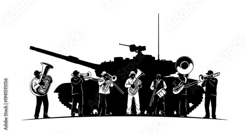 Military Band Plays Music On A Tank Silhouette