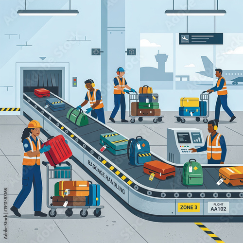  A team of diverse airport staff working at a luggage carousel, sorting and scanning suitcases for departure. A scene of travel logistics. Vector illustration