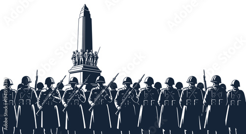 Military Parade and Monument: Soldiers Marching in Formation with Monument in Background