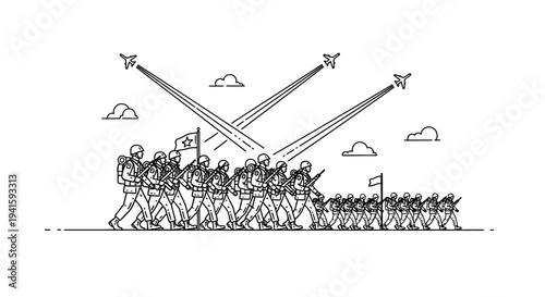 Military Parade: Soldiers Marching with Airplanes Flying Overhead, Vector Illustration