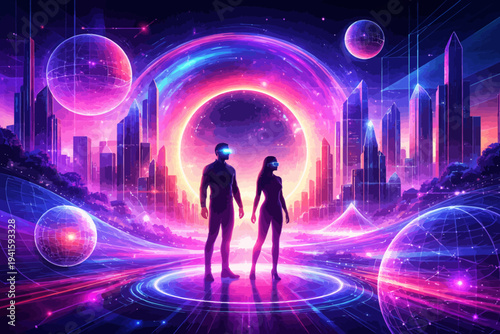 Futuristic neon cityscape with virtual reality users exploring digital realm