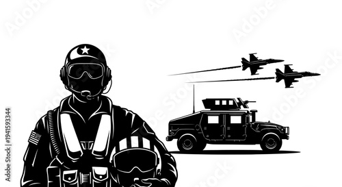 Military Pilot, Humvee, and Fighter Jets in Silhouette - Modern Warfare and Aviation