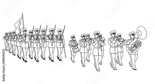 Military Parade with Marching Band and Flag Bearer