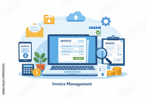 Digital invoice management system with devices and financial icons