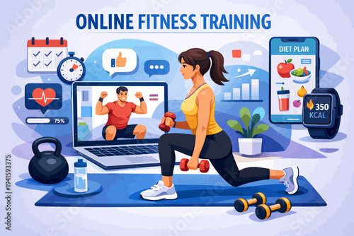 Female engaging in online fitness training with virtual instructor and digital tools